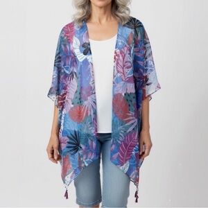 MADDEN NYC Kimono O/S Ruana Floral Sheer Tassel Boho Beach Resort Cruise CoverUp